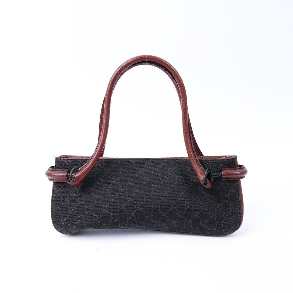 Gucci Brown GG Canvas Horsebit Handbag Dark brown calf Leather baguette